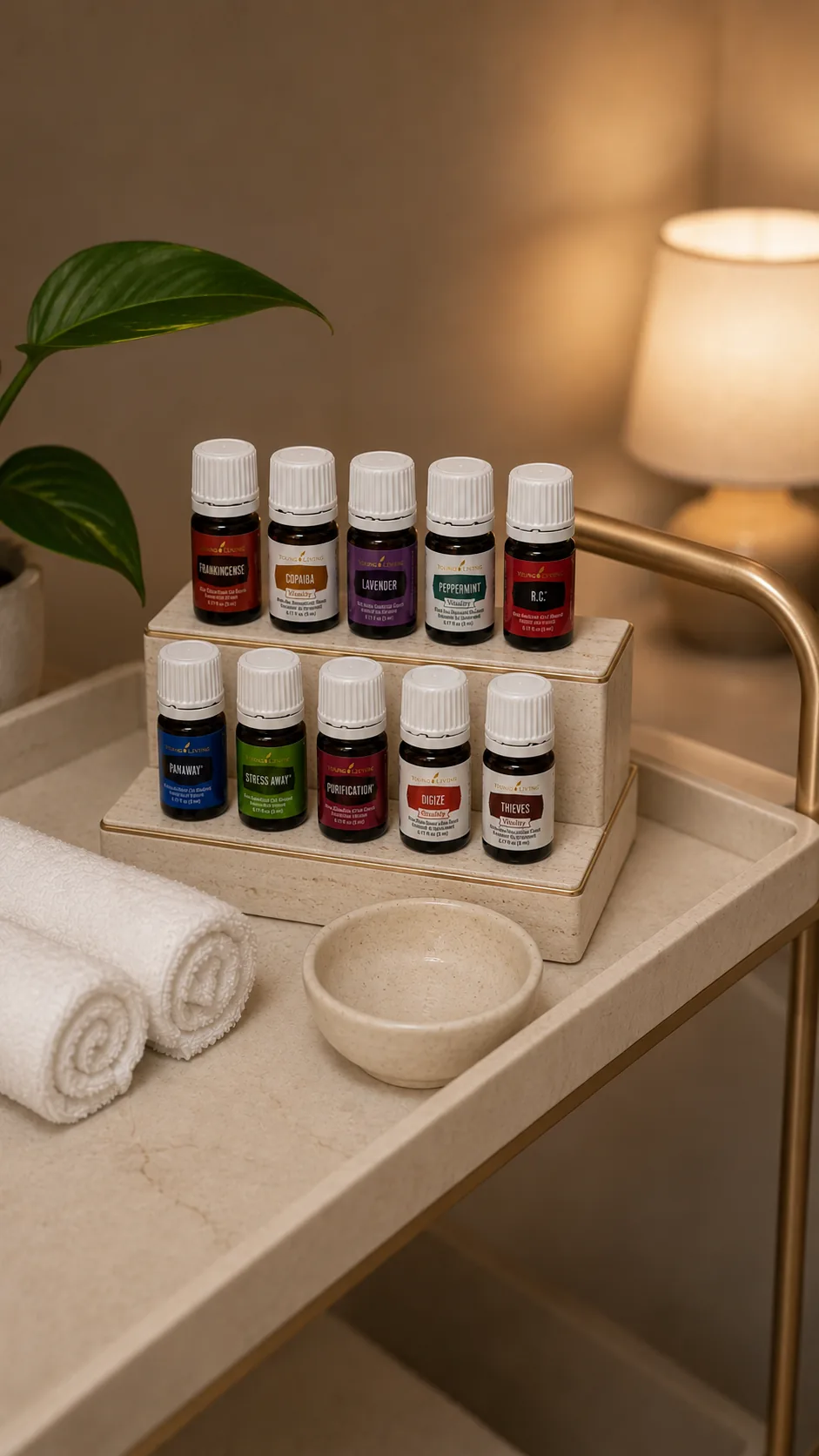 A selection of aromatherapy oils and folded towels