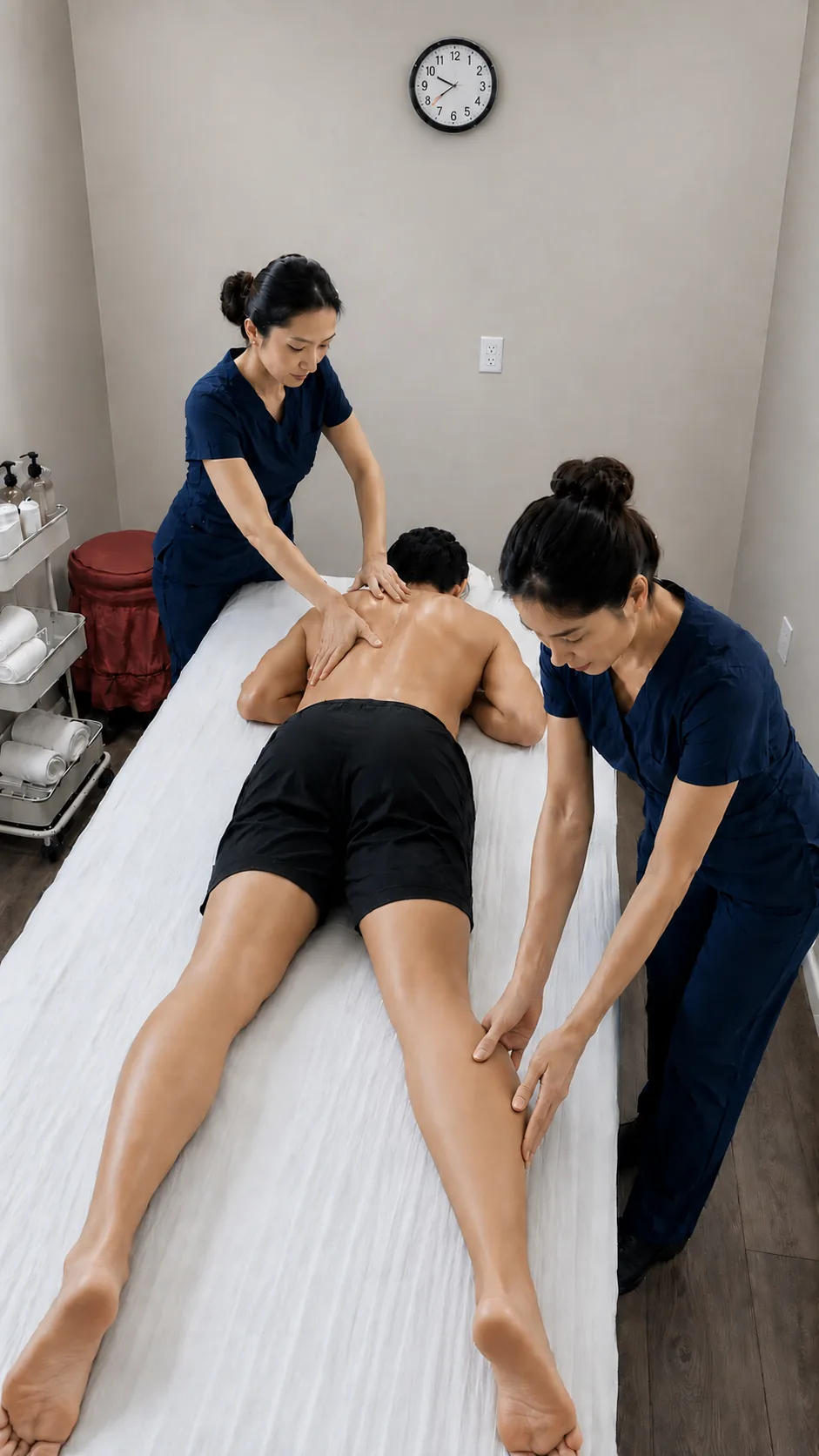 Two people working together during a massage session