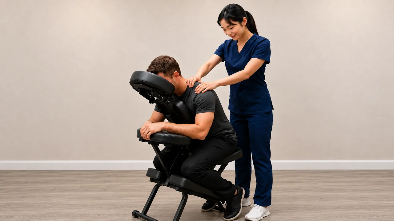 A clothed adult leaning forward in a black massage chair while a practitioner rests two hands on the shoulders