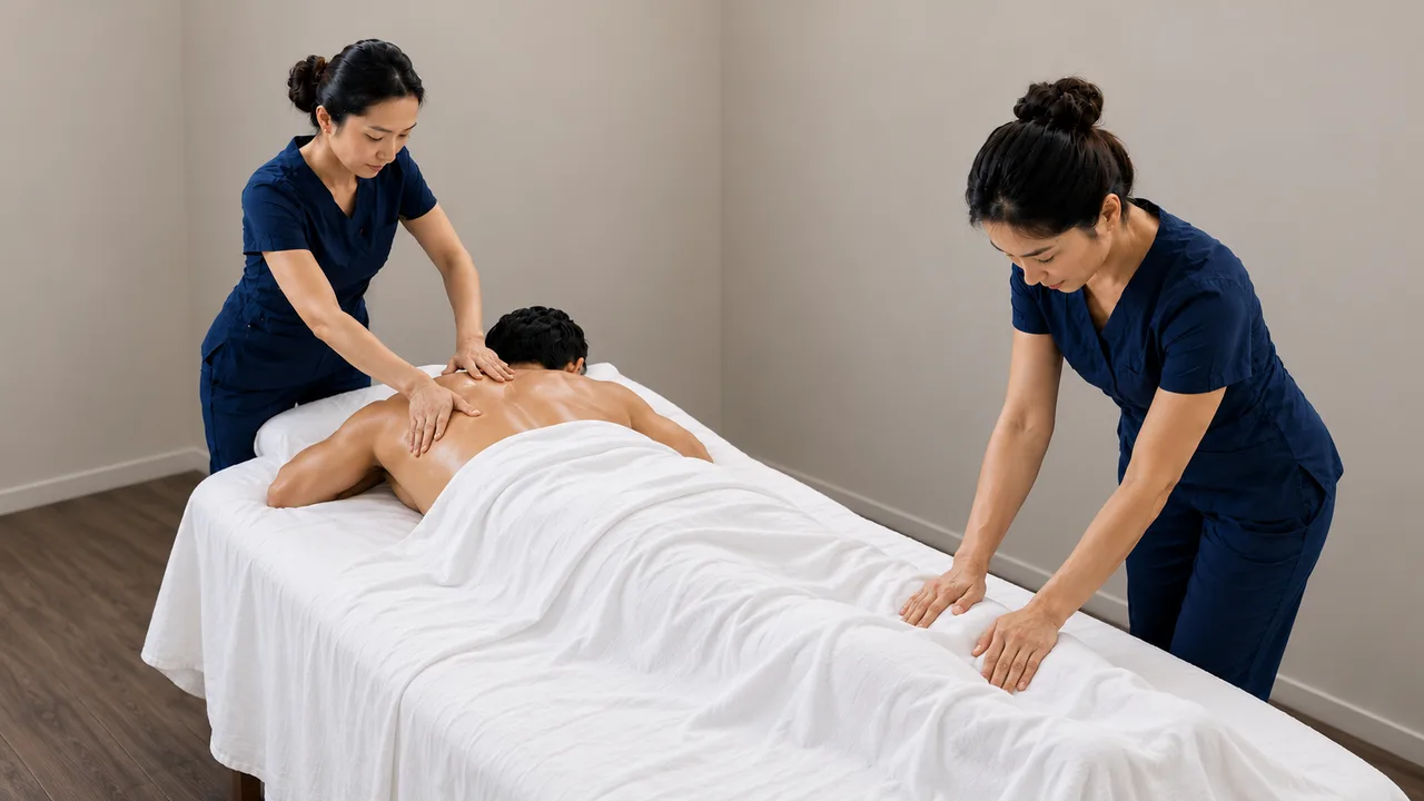 Two practitioners in navy uniforms working with one guest on a white-linen massage table