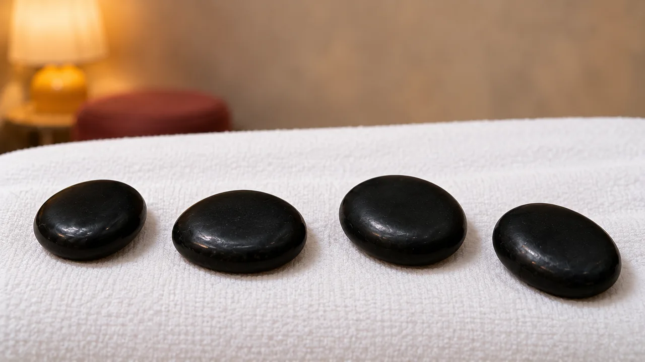 Four smooth black massage stones arranged on white linen