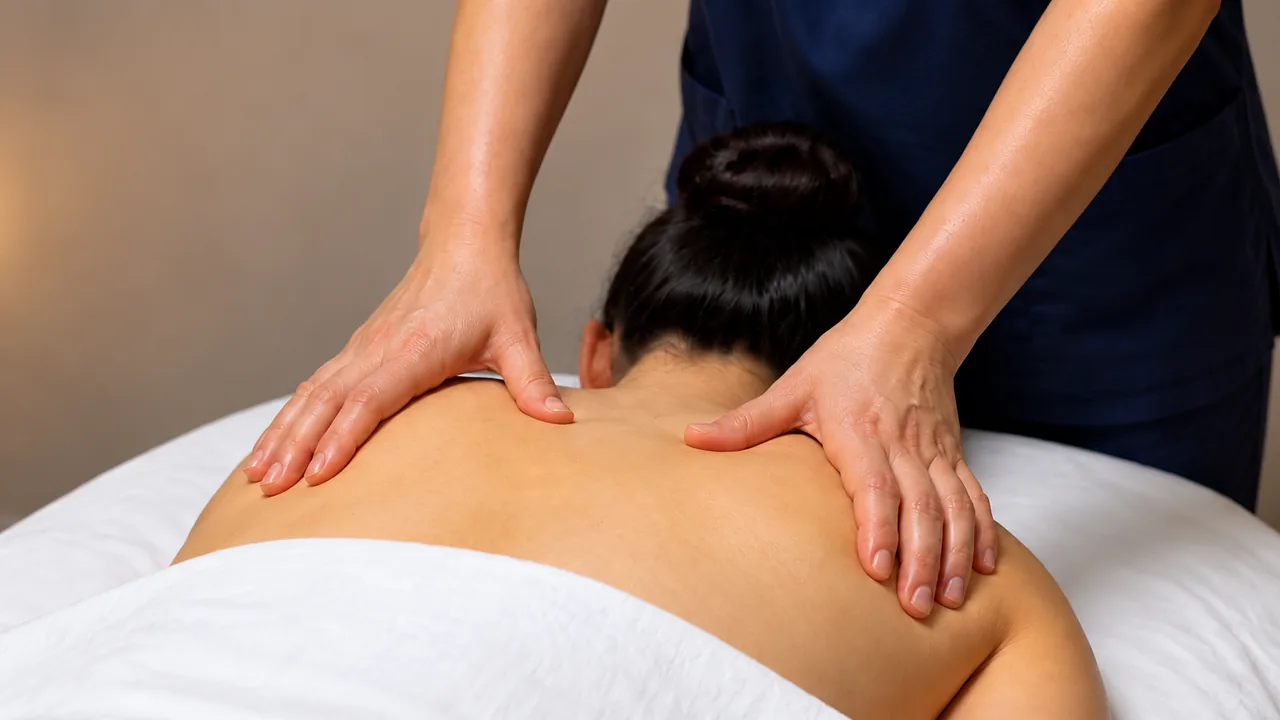 Two hands resting on a guest’s shoulders and upper back, with white linens covering the body