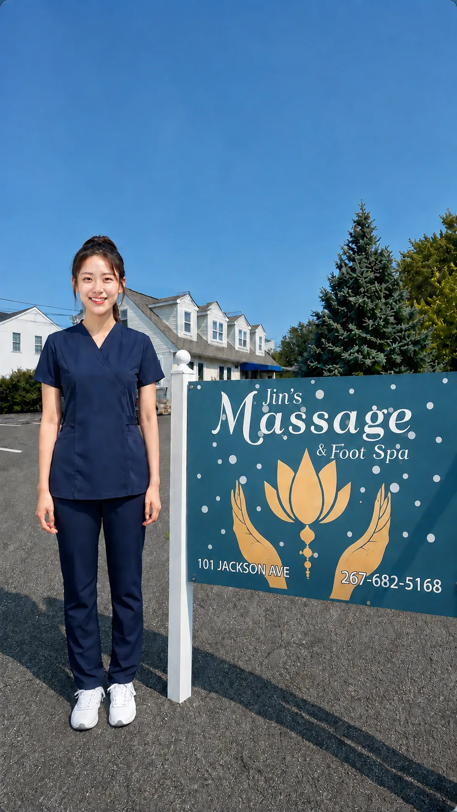 Person beside a Jin's Massage outdoor sign