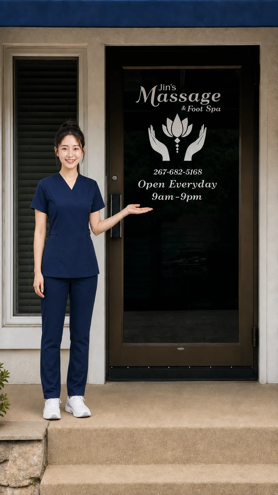Person beside the entrance displaying Jin's Massage signage