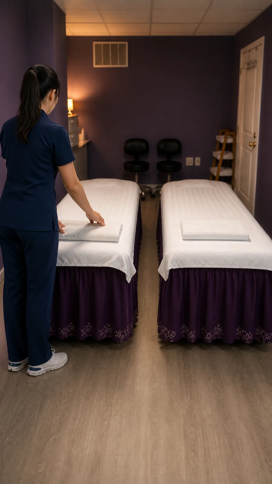 Person beside two prepared massage tables